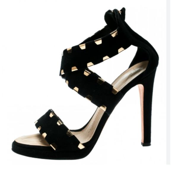 Giuseppe Zanotti Black Suede Cross Ankle Strap Sandals Gold 38.5 - Picture 6 of 6